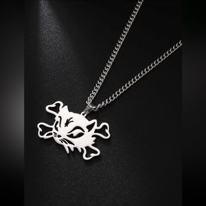 🐈 Awesome Metallic Kitty Cat Skull Cross Bone Necklace ☠️